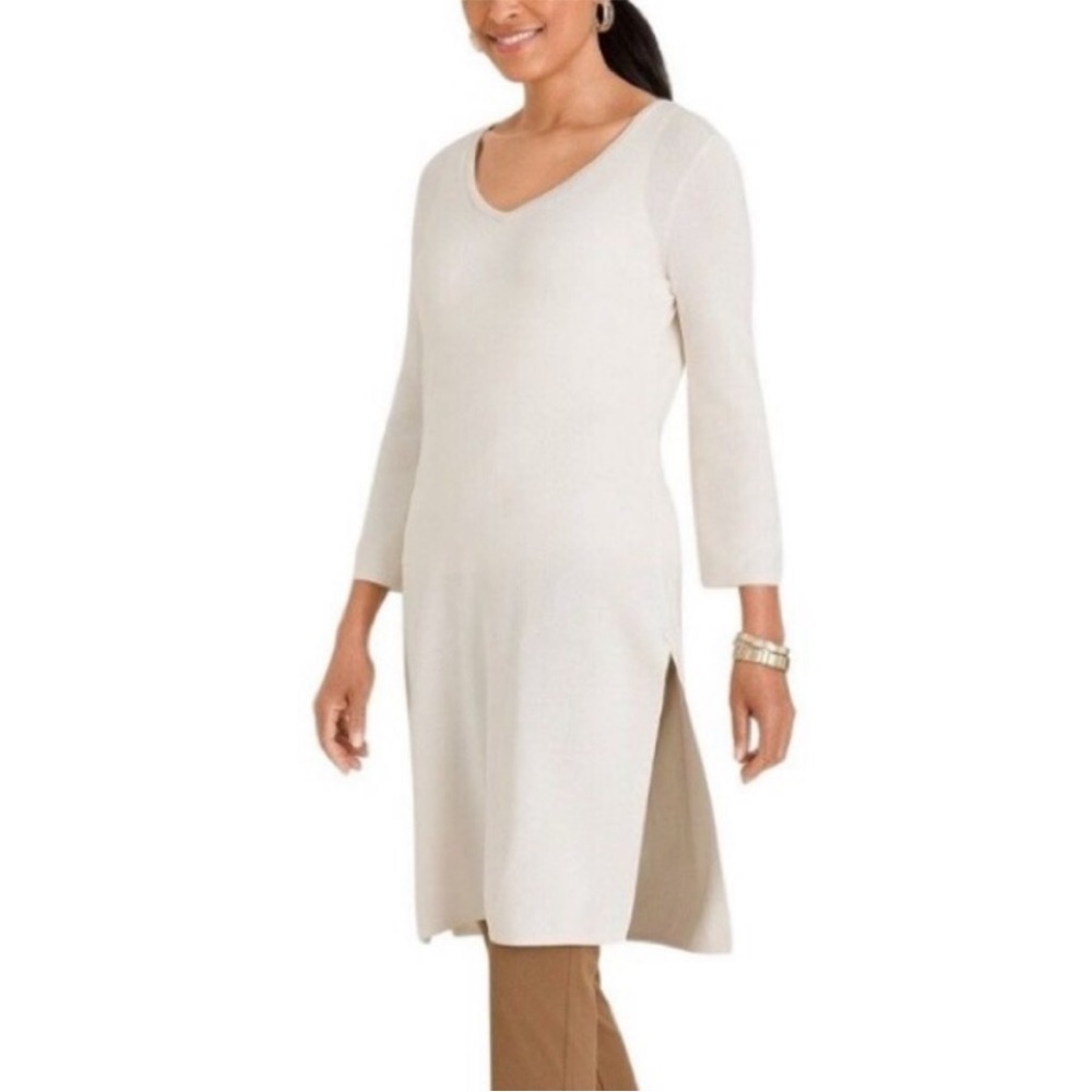 Chicos Travelers V Neck long rib tunic sweater modern ecru NWT sz L 12